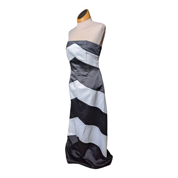 Vintage Dresses & Skirts - Vtg 1990s Jessica McClintock Black White Stripe Chevron Strapless Maxi Gown 10